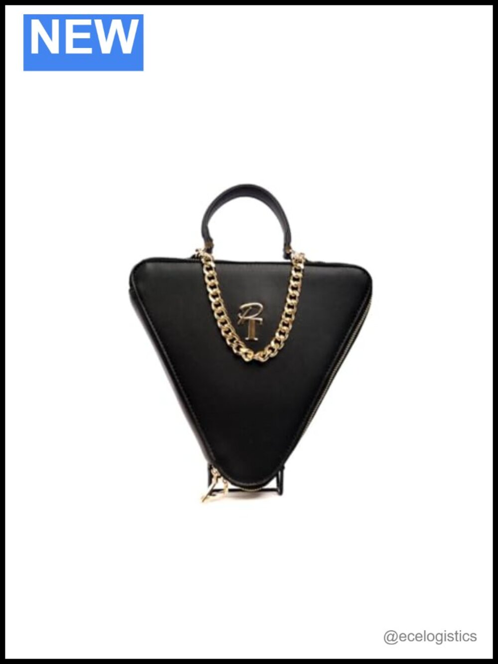 Pink Triangle Modern Vegan Leather Clutch Evening Bag with Gold Chain